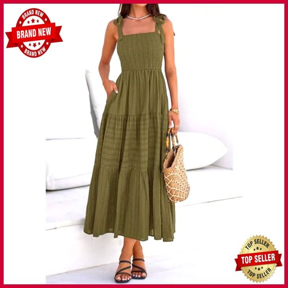 Boho Maxi Dress Sleeveless Smocked A-Line Sundress with Pockets Summer Casual - Picture 4 of 7